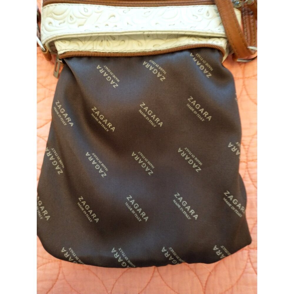 Zagara Women's Crossbody Shoulder Bag Tooled Leather Italy Ivory & Tan 8.5x9.5 - Picture 10 of 10